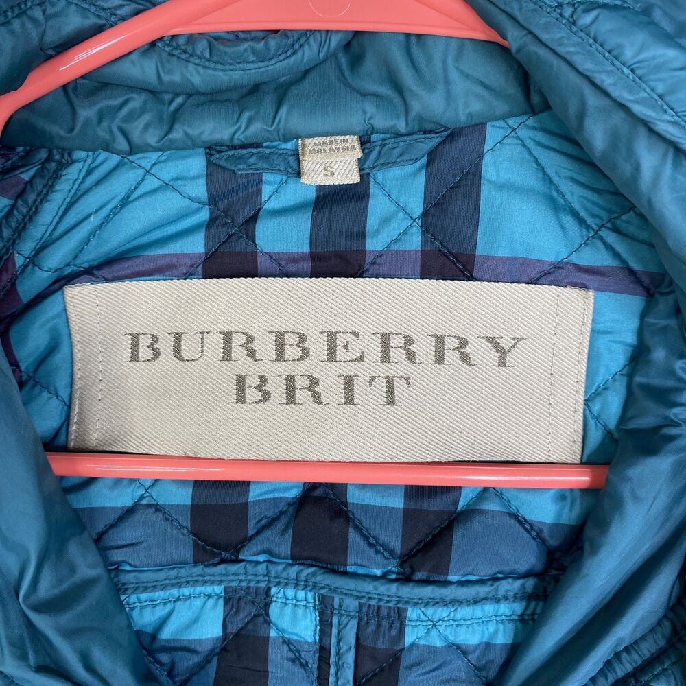 Burberry Brit Jacket Womens Small Teal Quilted Hooded Nylon Full Zip Plaid Lined - Picture 6 of 16